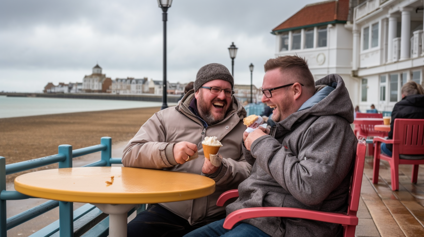 two people at the british seaside enjoying ice-cream and pie, and laughing