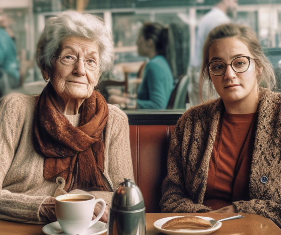 An elderly mother and her daughter sit in a café together on holiday. 