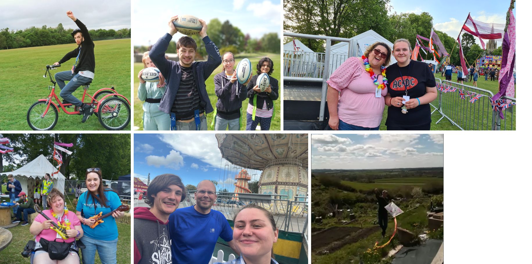 pictures of people having great experiences including tricycling, at a fairground, flying a kite in a beautiful location, at a festival, and playing rugby