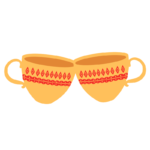 two coffee cups joining together at the rim, as in saying 'cheers'. They are decorated in cheerful orange and red.