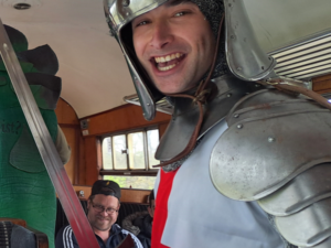 St George visiting Guideposts on a steam train.