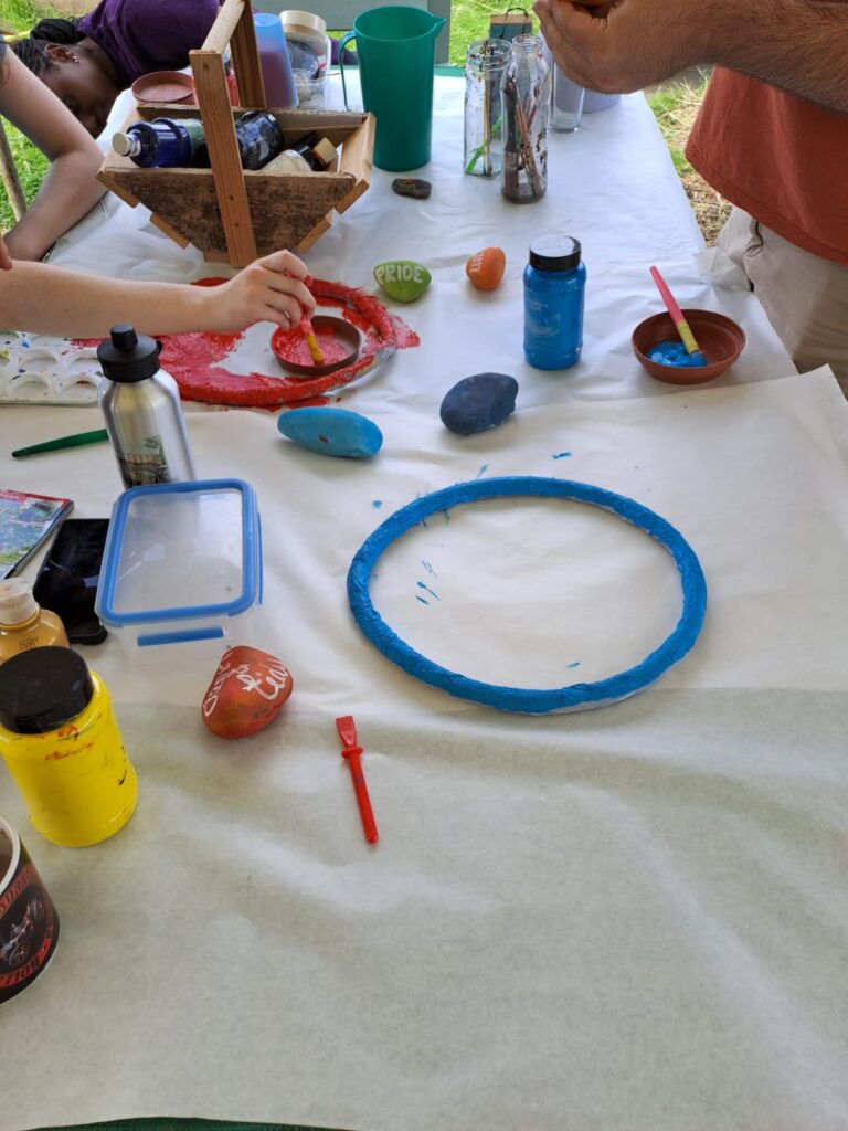 Table with paints and rings being painted 