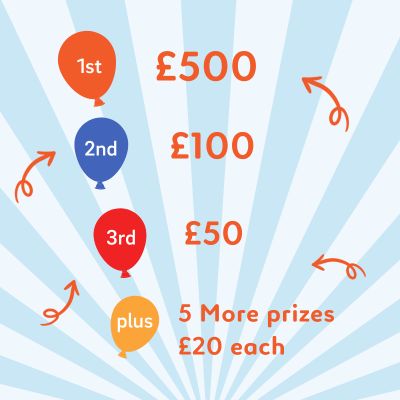 Graphic showing the raffle prize amounts in balloons