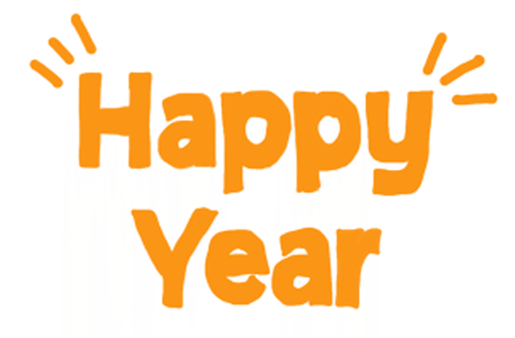 Graphic "Happy Year" in bright yellow 
