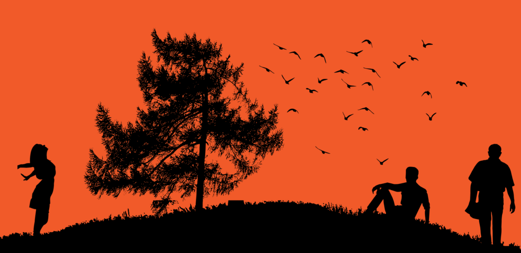 Graphic art of a tree, 3 people, and a flock of birds, silhouetted against an orange sky