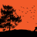 Graphic art of a tree, 3 people, and a flock of birds, silhouetted against an orange sky
