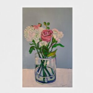 Painting of flowers in a vase. There is 1 pink rose, and other white flowers. The vase is glass with blue