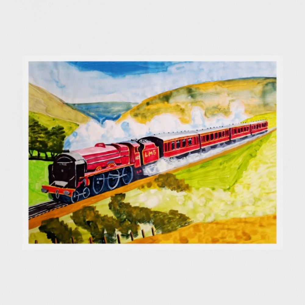 painting of a red steam train travelling through green hills