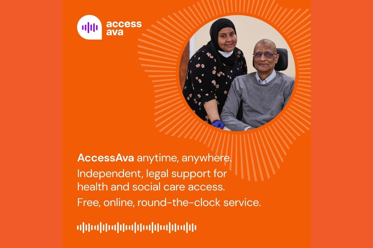 Graphic with inset photo of 2 people, a man in a wheelchair and a friendly carer. Text says AccessAva anytime, anywhere, independent legal support for health and social care access. Free online round-the-clock service.